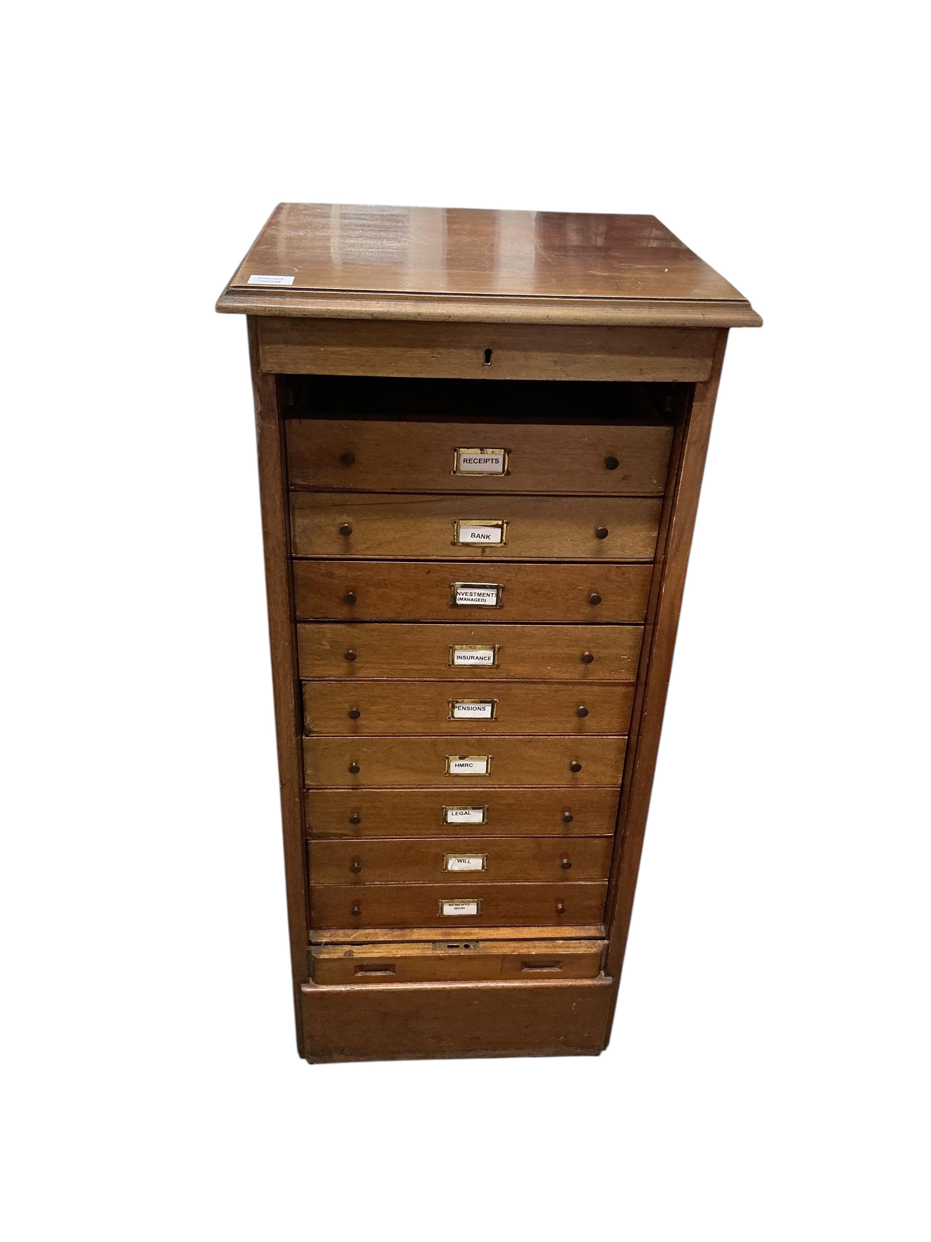 A 1920's mahogany tambour filing cabinet, width 50cm, depth 45cm, height 109cm
